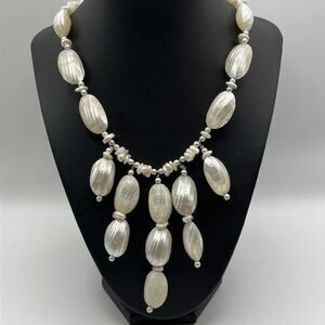 Vintage Unique Mother Of Pearl Bib Style Statement Necklace Pearl Accent Beads